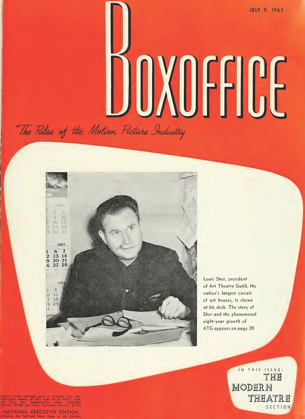 Cover to Boxoffice Magazine featuring a photograph of theatre magnate Louis Sher