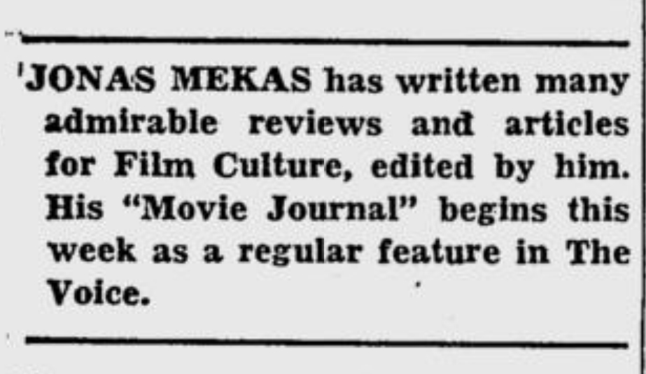 Introductory text to Jonas Mekas's first Movie Journal column