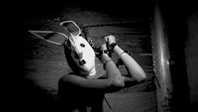 A woman wearing a bunny mask is chained to a wall