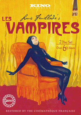 DVD cover of film serial Les Vampires that features a painting of a woman relaxing on a couch