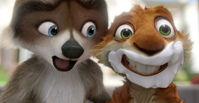 Over the Hedge Film still from OVER THE HEDGE animated film featuring a raccoon talking to a squirrel