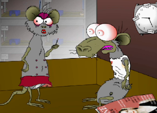 Animation film still of two lab rats wired on drugs