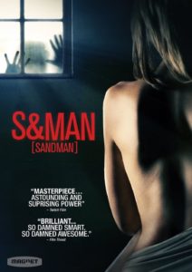 Sandman DVD cover to the horror documentary S&man in which a man peeks at a half-naked woman through a window