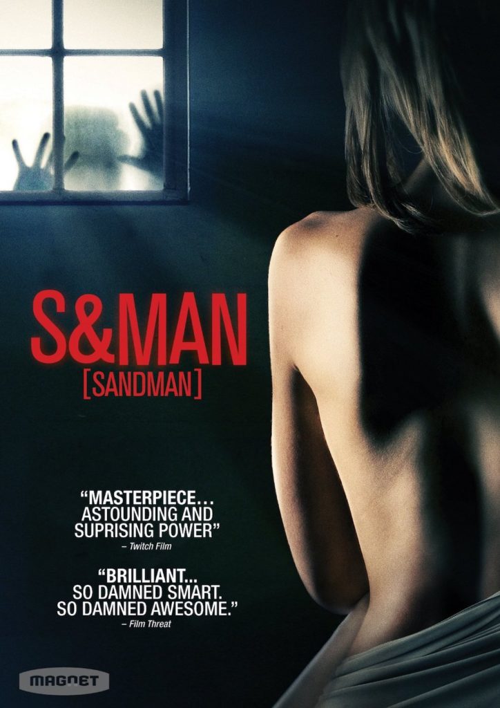Movie poster featuring a man leering through a window at a naked woman