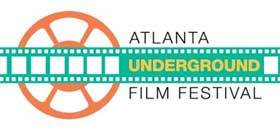 Film festival logo that has a drawing of a celluloid film strip and a movie reel