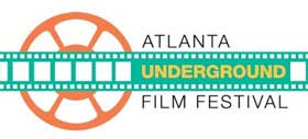 Atlanta Underground Film Festival Film festival logo that has a drawing of a celluloid film strip and a movie reel