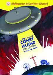 Film festival poster featuring a UFO destroying Coney Island