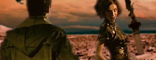 Strange looking woman leads a man across an alien landscape