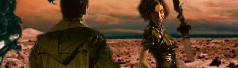 Strange looking woman leads a man across an alien landscape