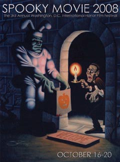 Spooky Movie Film Festival Illustration of Frankenstein's monster trick-or-treating in a bunny costume