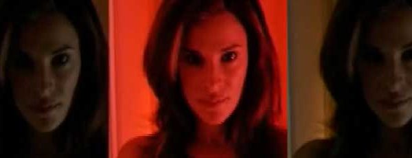 Three pictures of a woman looking intense