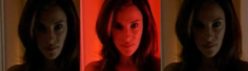 Three pictures of a woman looking intense