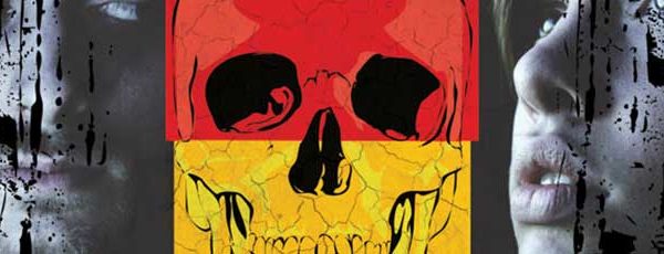 Drawing of a skull flanked by a man and a woman