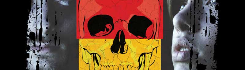 Drawing of a skull flanked by a man and a woman