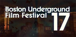 Text logo of the Boston Underground Film Festival over the Boston skyline