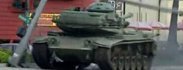 An American tank rolls through suburban San Diego