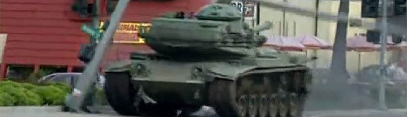 An American tank rolls through suburban San Diego