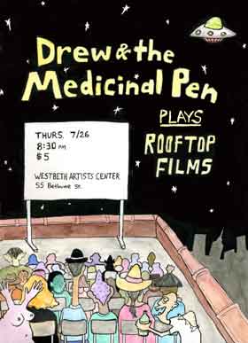 Movie screening poster featuring a drawing of people watching a movie on a rooftop