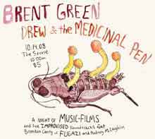 Brent Green and Drew & The Medicinal Pen Poster for a live concert featuring a cockroach lying on its back