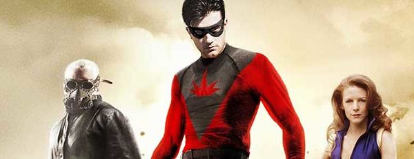 Sparks, a superhero, flanked by his girlfriend and a supervillain