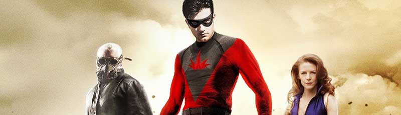 Sparks, a superhero, flanked by his girlfriend and a supervillain