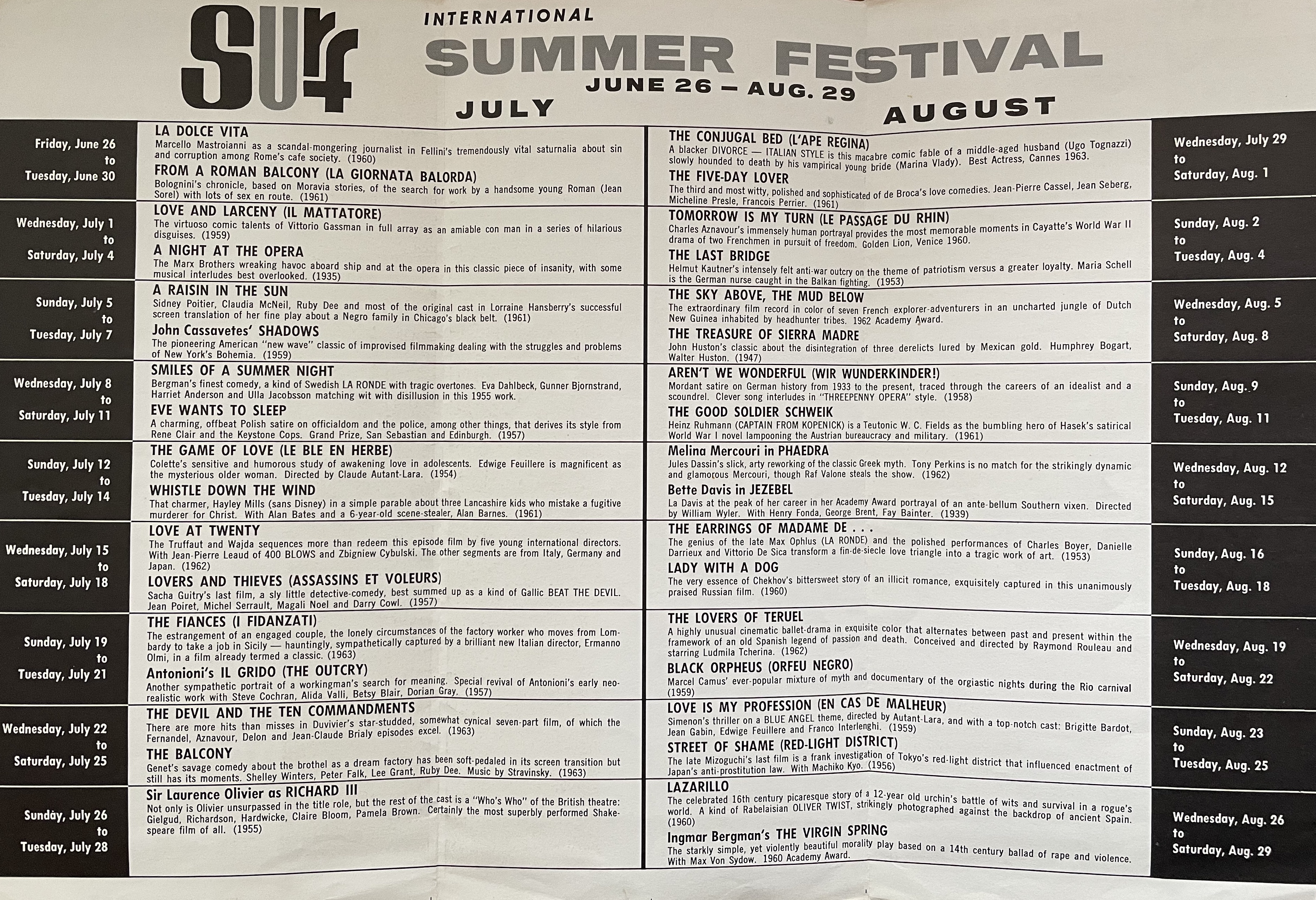 1964 Summer screening listings for the Surf Theatre in San Francisco