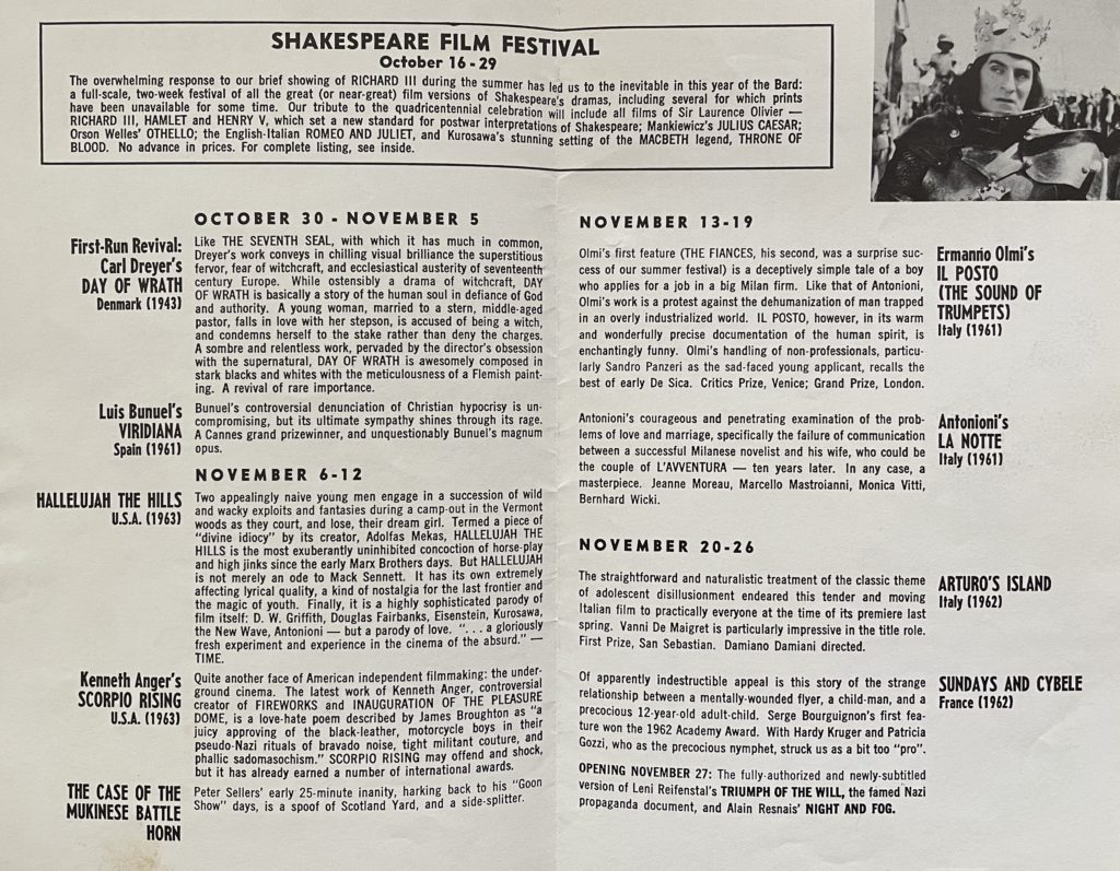 1964 Fall screening listings for the Surf Theatre in San Francisco
