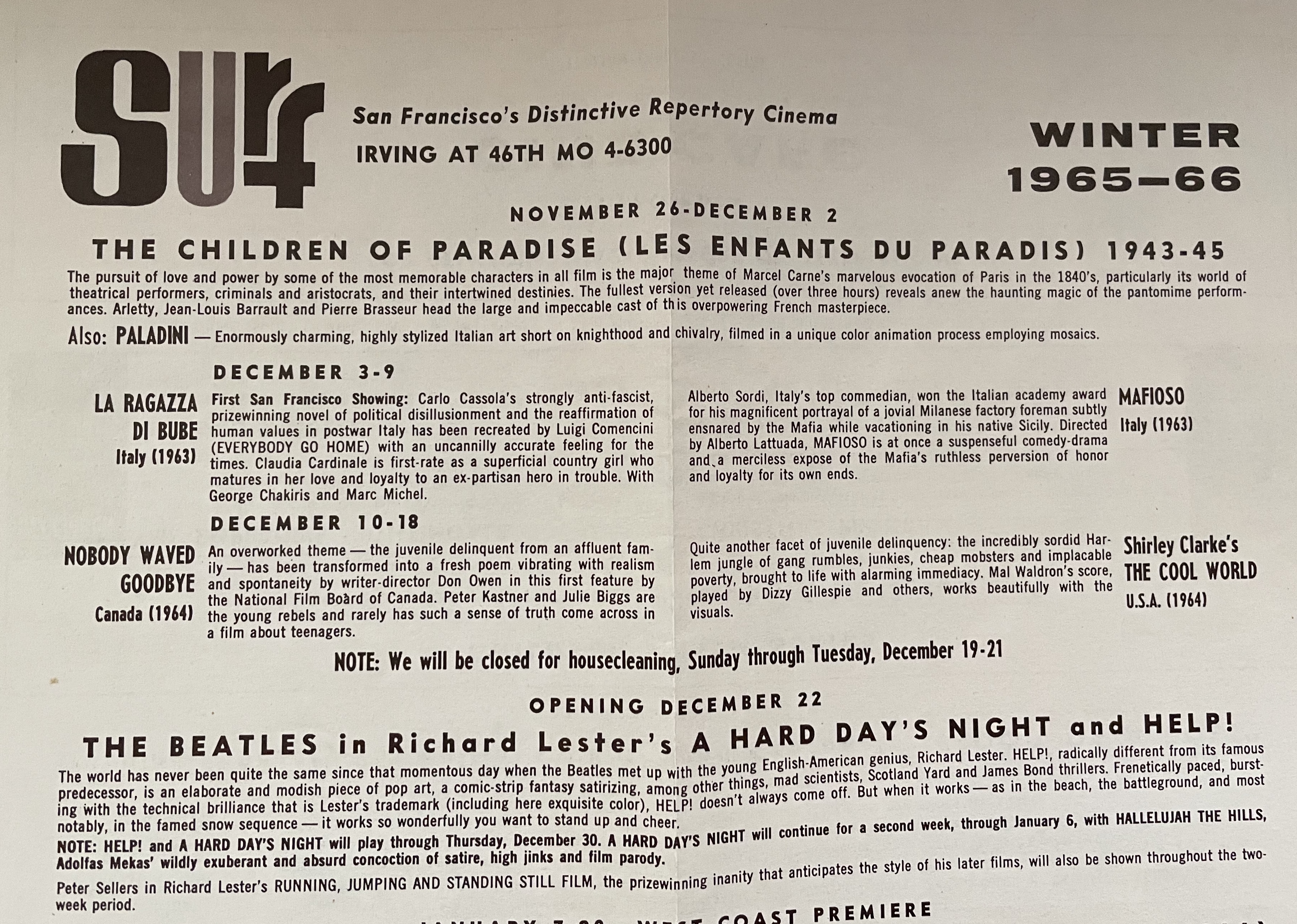 1965-66 Winter screening listings for the Surf Theatre in San Francisco