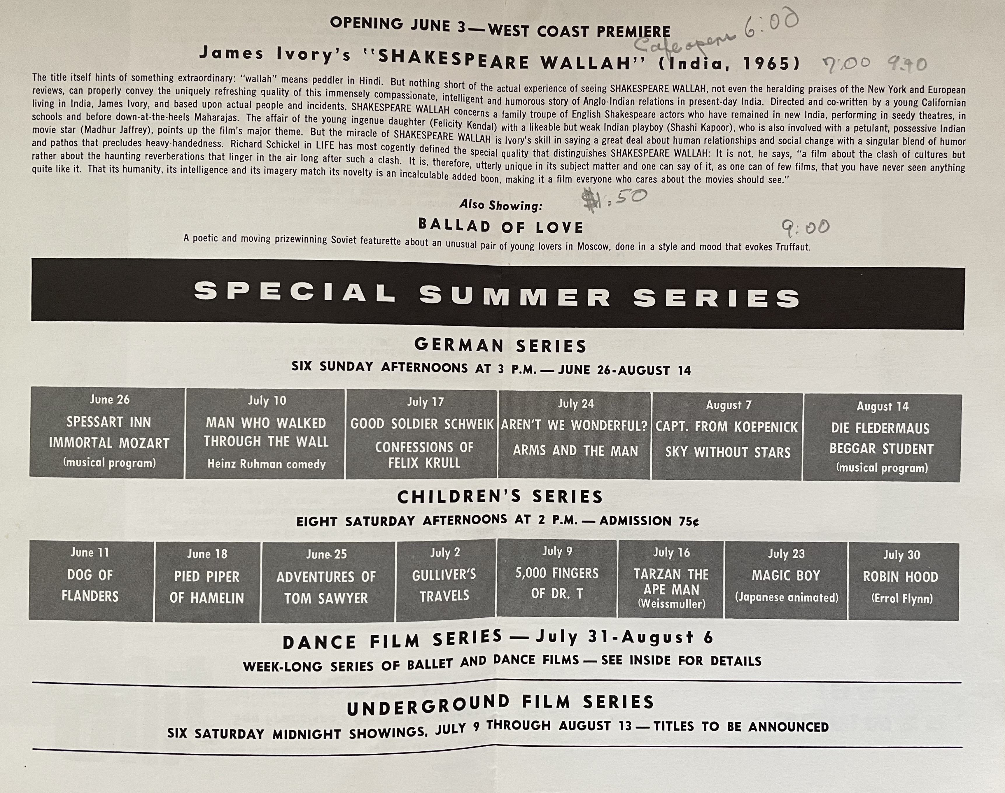1966 Summer underground film screening listings for the Surf Theatre in San Francisco
