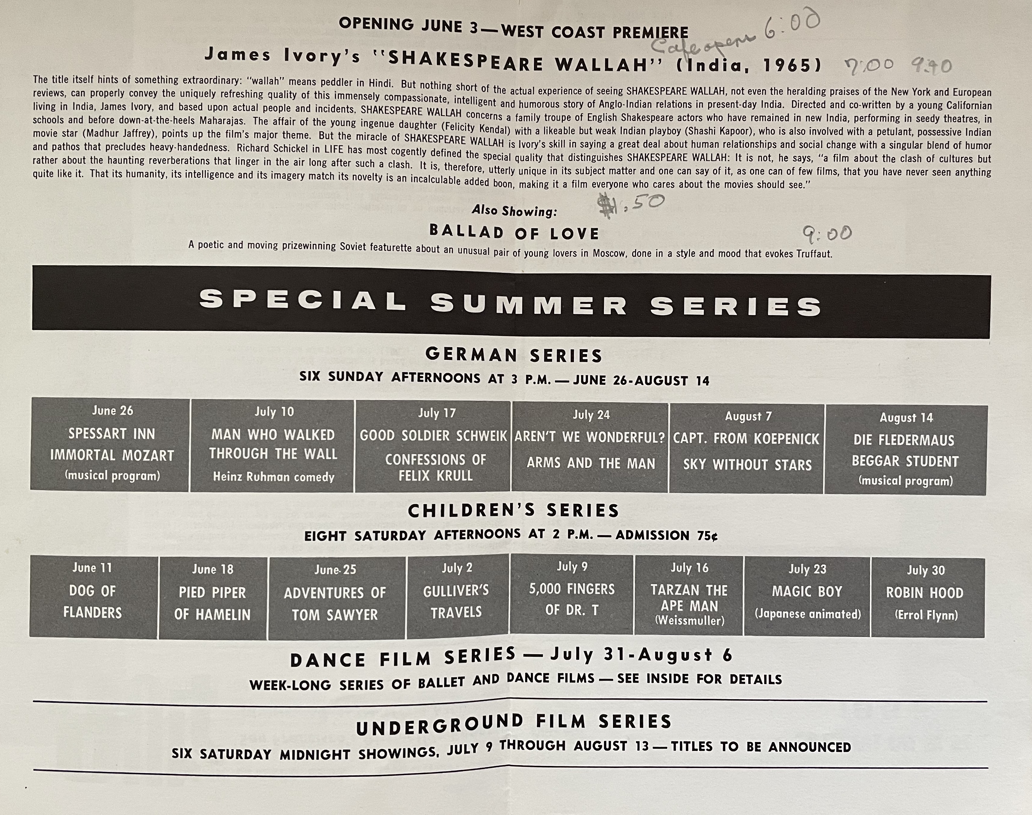 1966 Summer underground film screening listings for the Surf Theatre in San Francisco