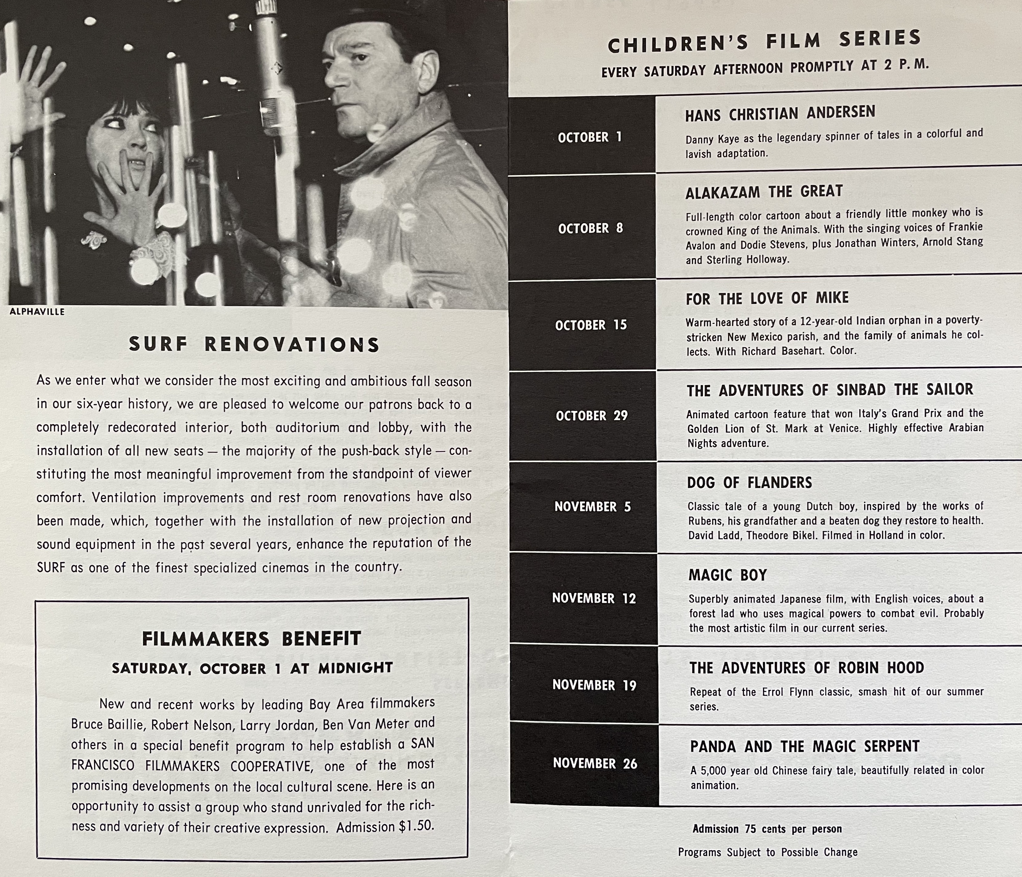 1966 Sept-Oct screening benefit information for the Surf Theatre in San Francisco