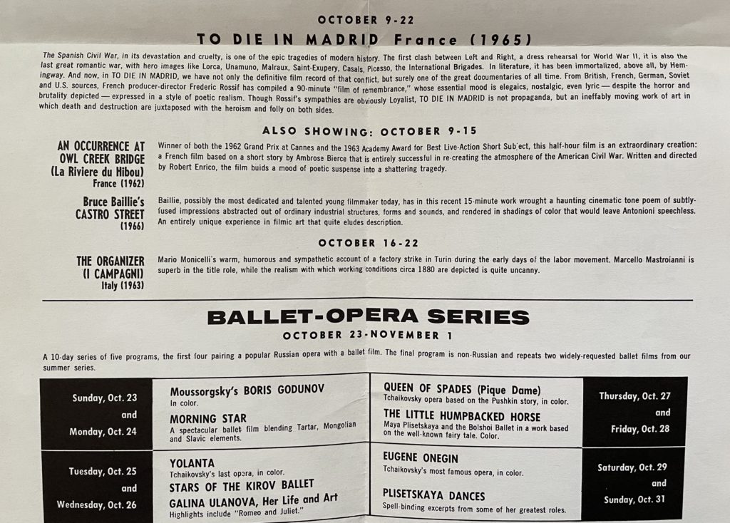 1966 Sept-Oct screening listings for the Surf Theatre in San Francisco