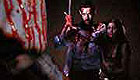 Bloody man holding a sword protects a woman