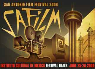 Film festival poster featuring a drawing of a projector and San Antonio landmarks