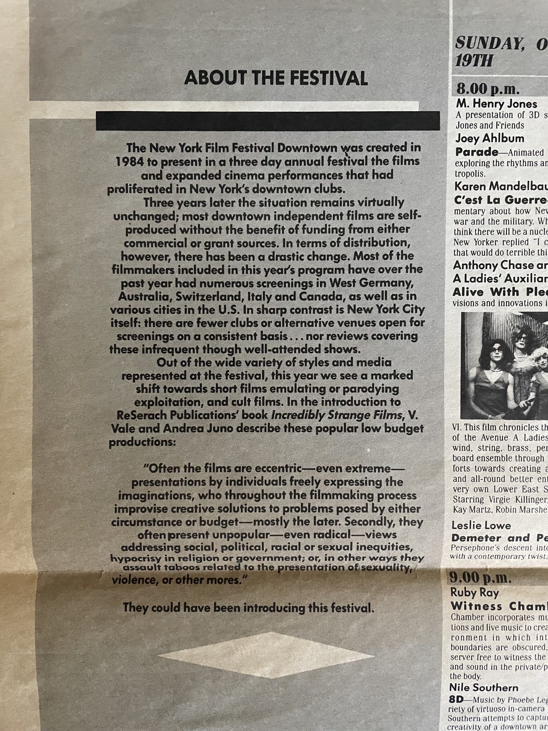 Mission statement from the program for the 2nd annual New York Film Festival Downtown