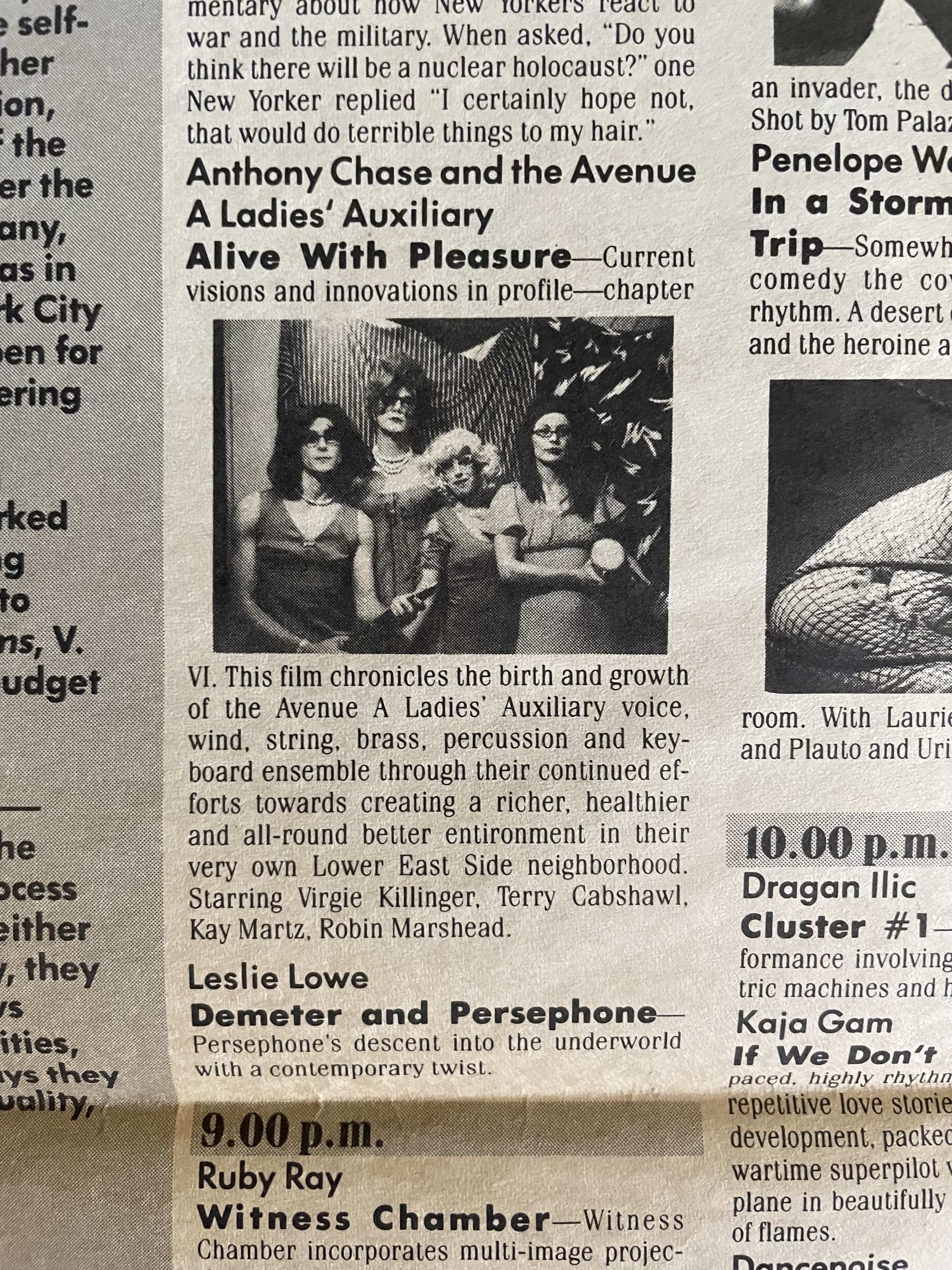 Photo of the Avenue A Ladies Auxiliary from the program for the 2nd annual New York Film Festival Downtown