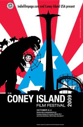 Coney Island Film Festival Film festival poster featuring a drawing of Godzilla attacking Coney Island