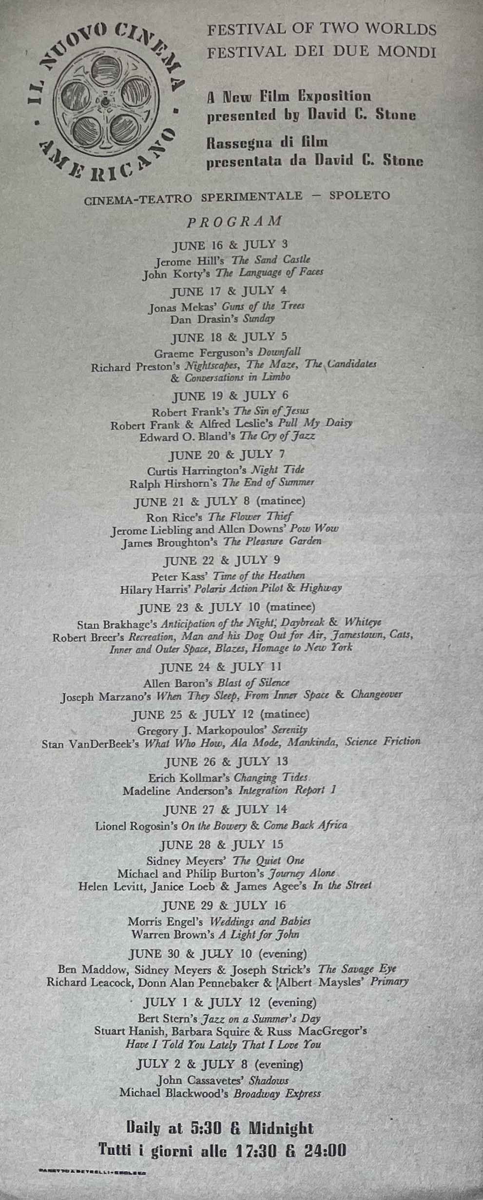 Lineup for the 1960 Spoleto Festival showing films from the New American Cinema