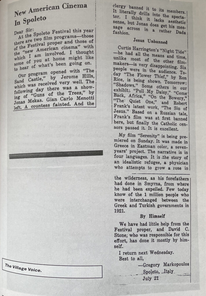 Gregory Markopoulos letter to the Village Voice about the Spoleto Festival
