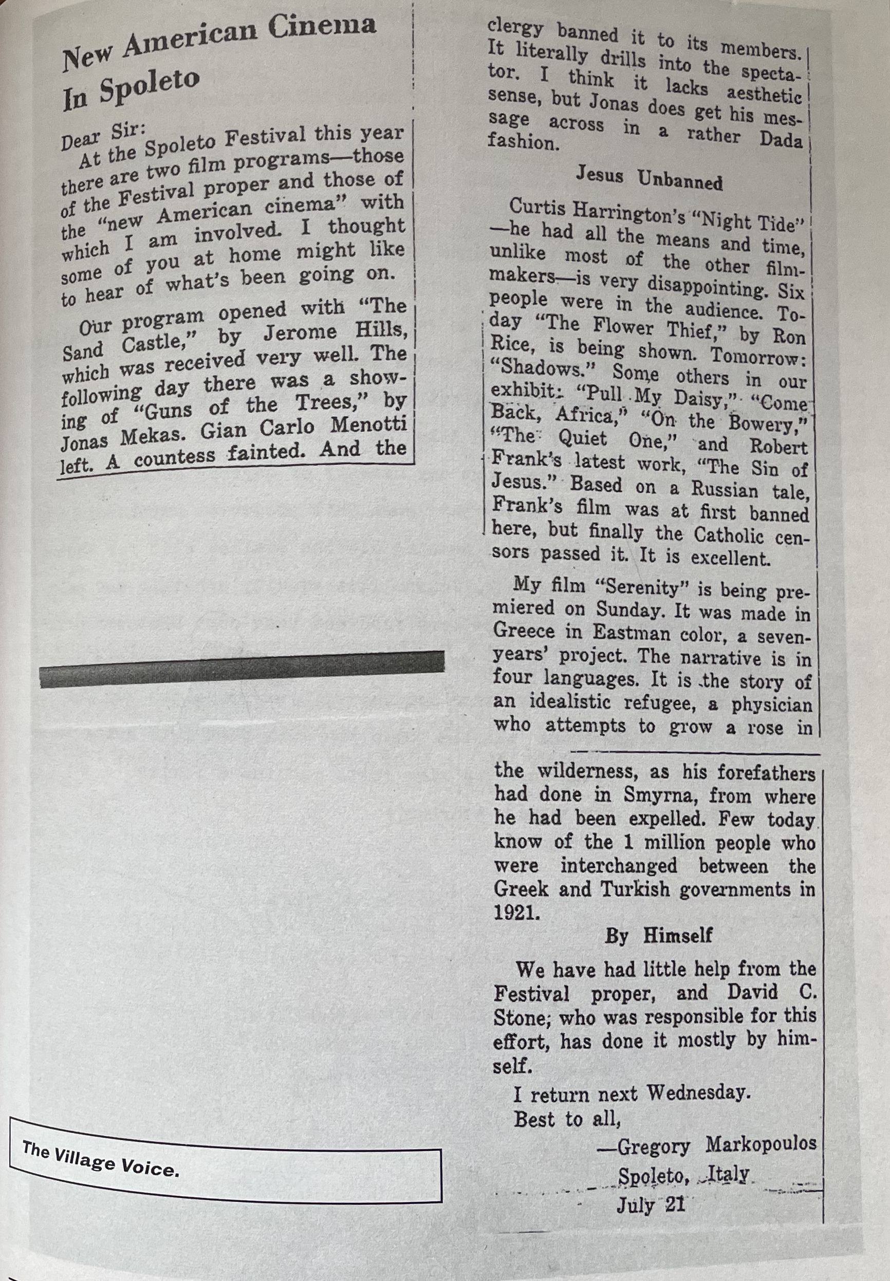 Gregory Markopoulos letter to the Village Voice about the Spoleto Festival