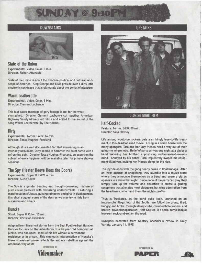 Listing for the movie Half-Cocked at the 1995 New York Underground Film Festival